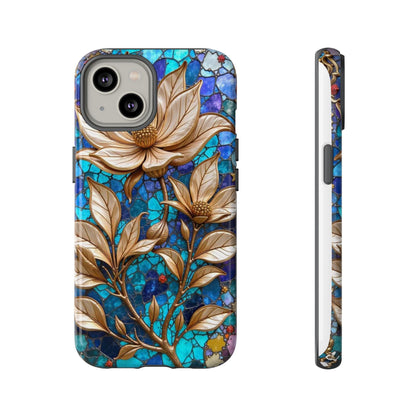 Golden Blossoms on Mosaic Blue Elegance