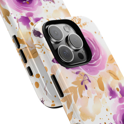 Purple Bloom Watercolor Mobile Case – Artistic Elegance in Gold & Lilac