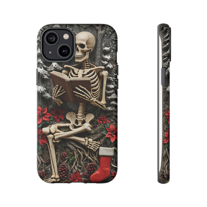 Surreal Relief Sculpture of Skeleton Reading Amidst Festive Decor phone case design