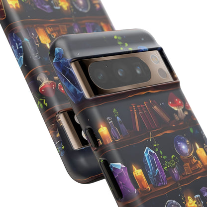 Fantasy Seamless Pattern Of Wooden Shelves Filled With Mystical Items phone case design.