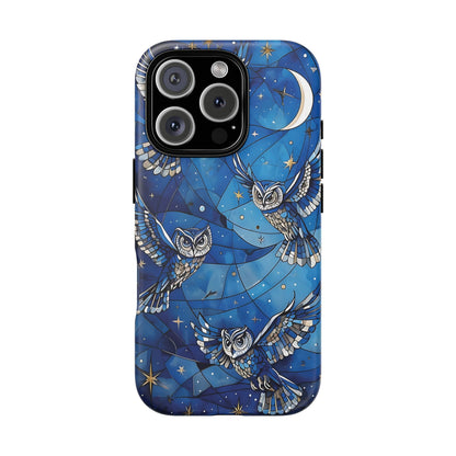 Surrealistic Owls Soaring Through A Celestial Night Sky phone case design.