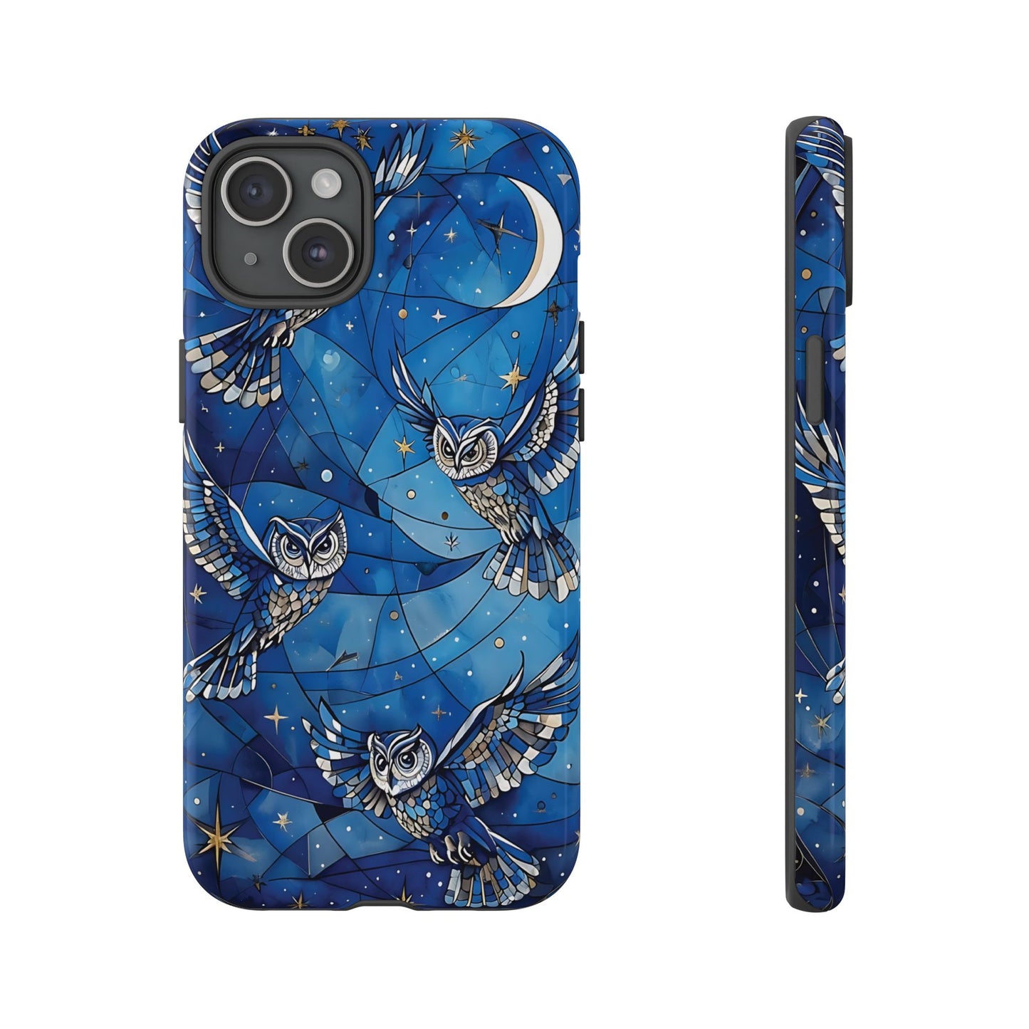 Surrealistic Owls Soaring Through A Celestial Night Sky phone case design.