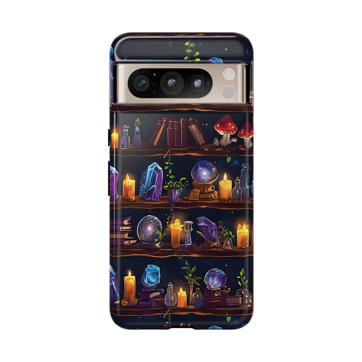 Fantasy Seamless Pattern Of Wooden Shelves Filled With Mystical Items phone case design.