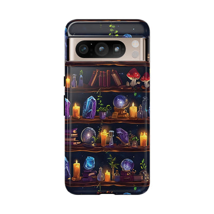 Fantasy Seamless Pattern Of Wooden Shelves Filled With Mystical Items phone case design.