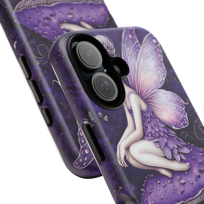 Whimsical Fairy Seated On Purple Mushroom In Enchanting Scene phone case design.