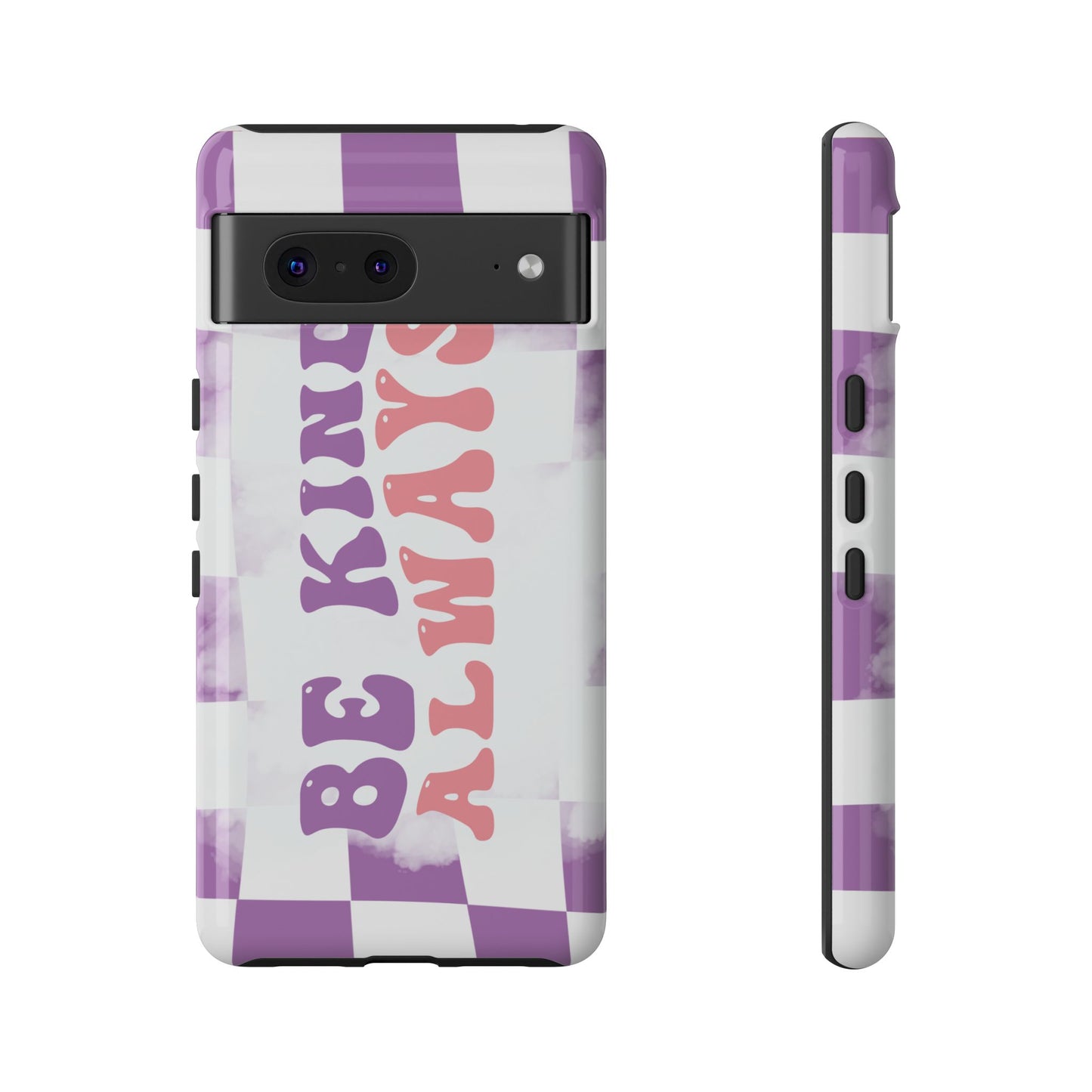 Be Kind Always Phone Case, Motivational Quote Cover for iPhone, Samsung & Google Pixel White Purple Checkered Pattern Phone Cover, Wavy Text Case, Kindness Phone Case, Inspirational Gift