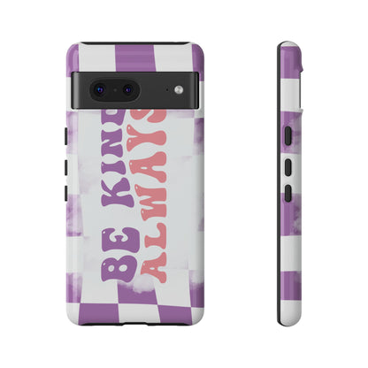 Be Kind Always Phone Case, Motivational Quote Cover for iPhone, Samsung & Google Pixel White Purple Checkered Pattern Phone Cover, Wavy Text Case, Kindness Phone Case, Inspirational Gift