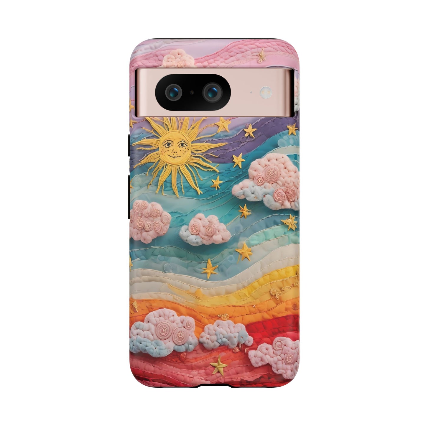 Whimsical Fiber Art Sky Scene With Dynamic Stripes And Clouds phone case design.