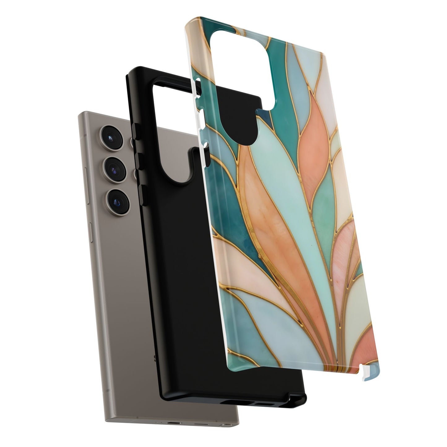 Geometric Leaves: Teal, Peach, and Gold Harmony