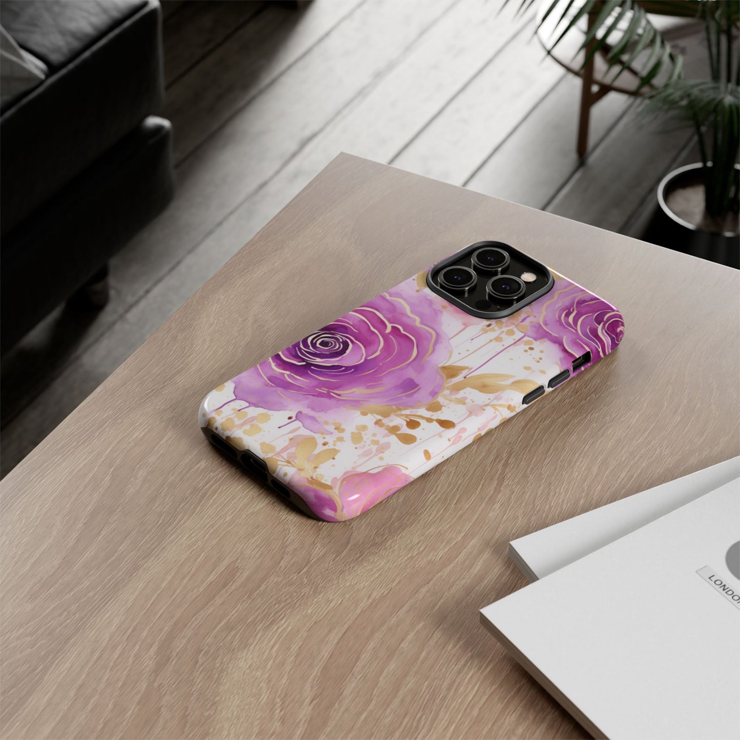 Elegant Purple-Gold Watercolor Rose Mobile Case