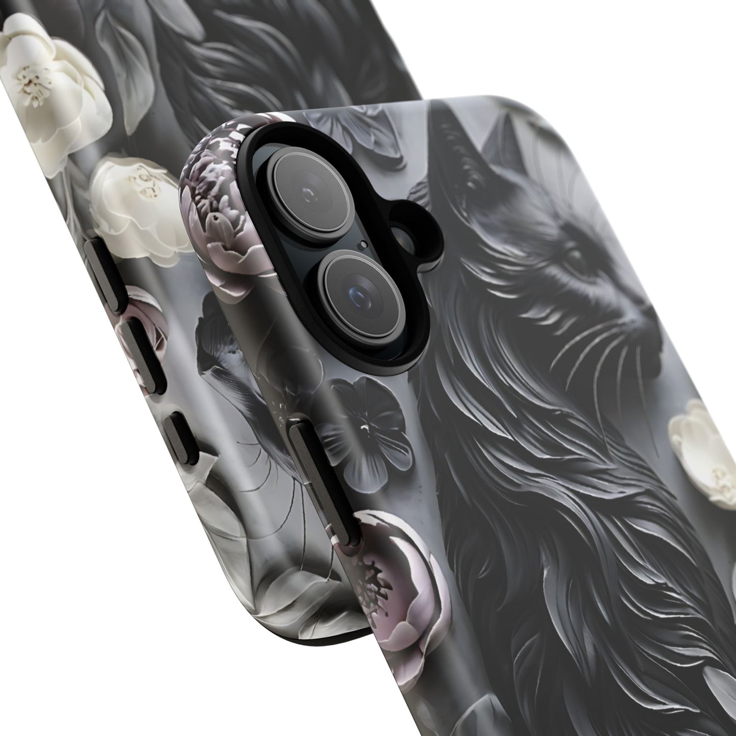 Intricate Bas-Relief Sculpture Of Black Cat Among Flowers phone case design