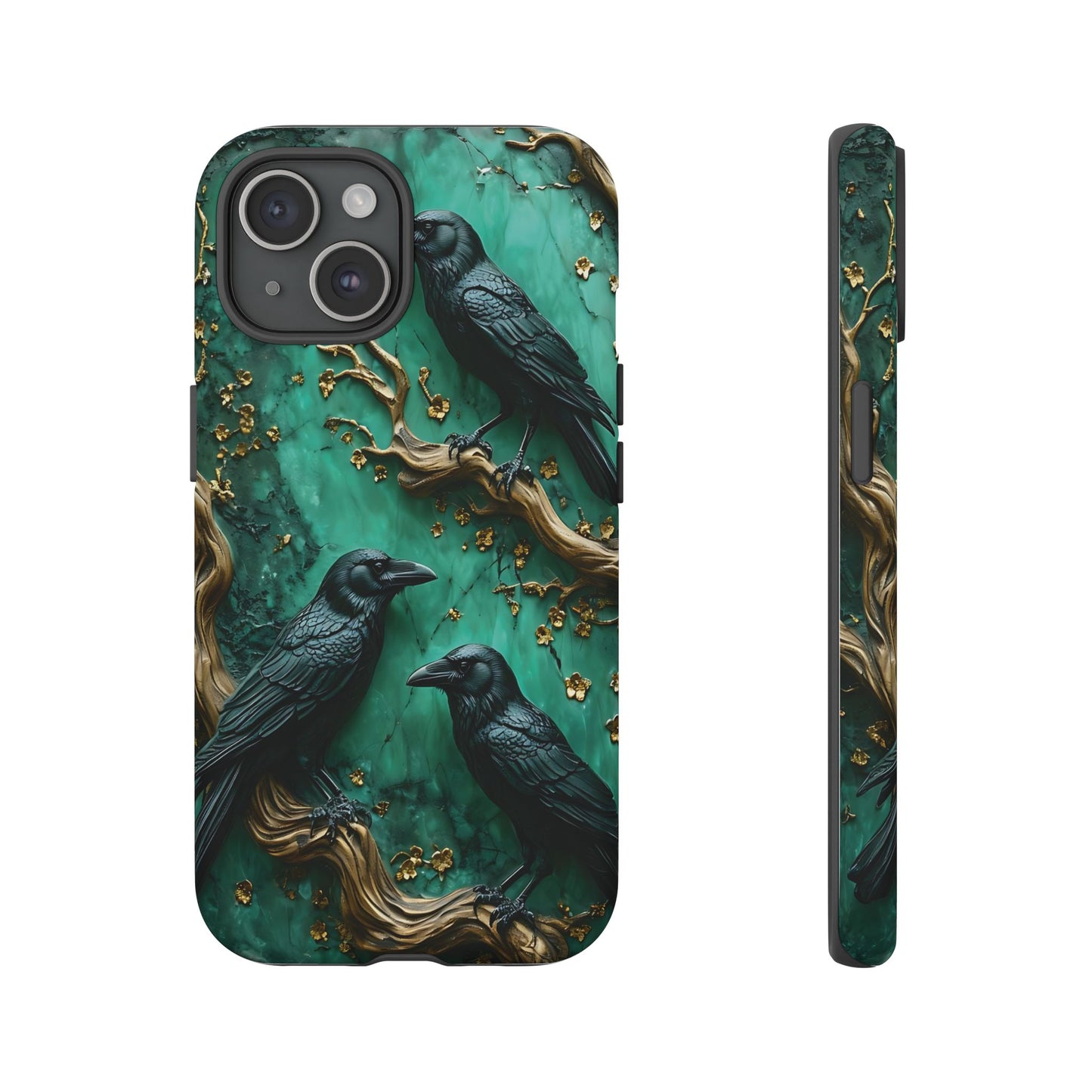 Three Black Ravens Perched On Gold-Accent Branches phone case design