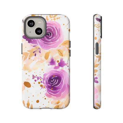 Purple Bloom Watercolor Mobile Case – Artistic Elegance in Gold & Lilac