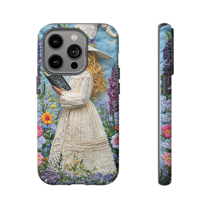 Whimsical Embroidery Of A Girl Reading In A Garden phone case design.