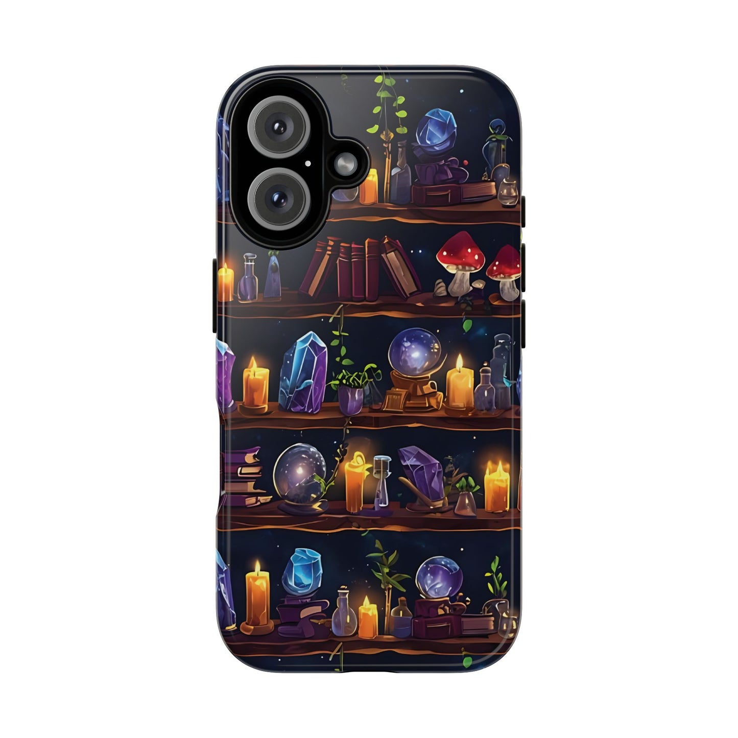 Fantasy Seamless Pattern Of Wooden Shelves Filled With Mystical Items phone case design.
