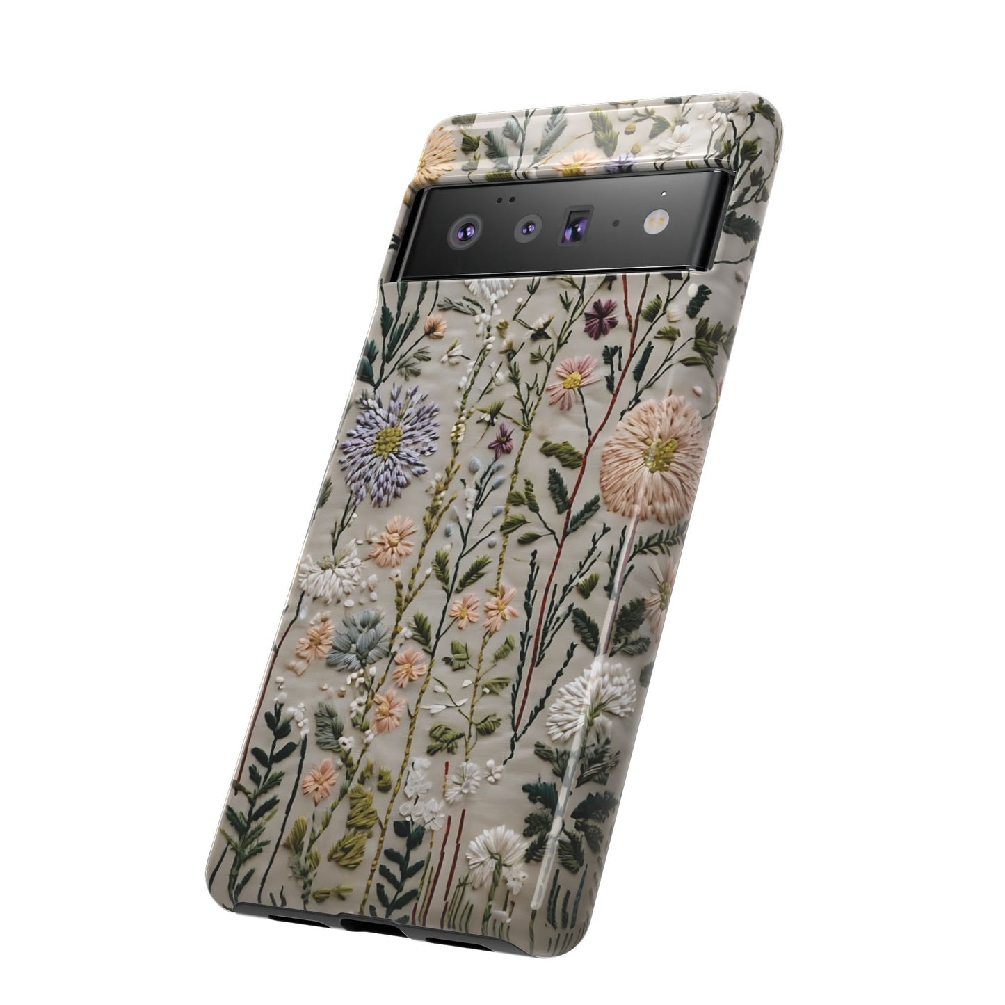 Intricate Embroidery Artwork Featuring Botanical Elements On Beige phone case design.