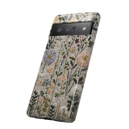 Intricate Embroidery Artwork Featuring Botanical Elements On Beige phone case design.