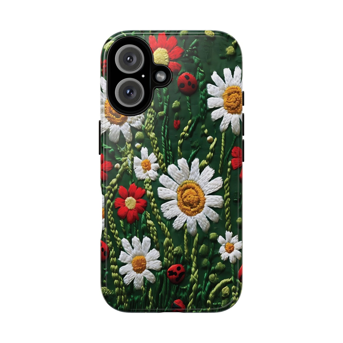 Intricate Embroidered Fabric Featuring Daisies And Ladybugs phone case design