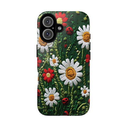 Intricate Embroidered Fabric Featuring Daisies And Ladybugs phone case design