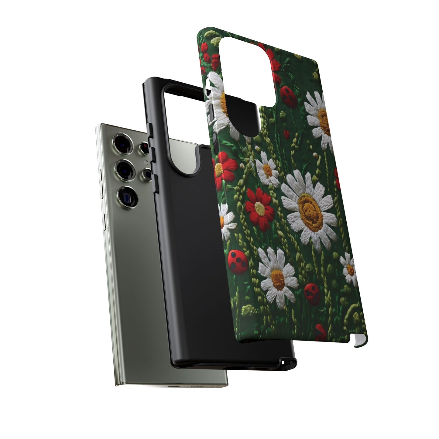 Intricate Embroidered Fabric Featuring Daisies And Ladybugs phone case design