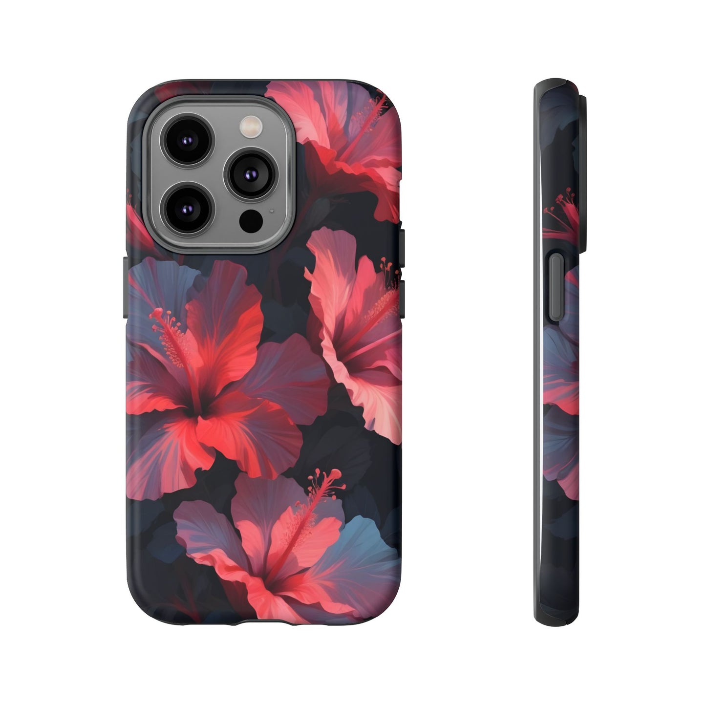 Vibrant red and pink hibiscus flowers blooming against a dark background| Floral phone case design