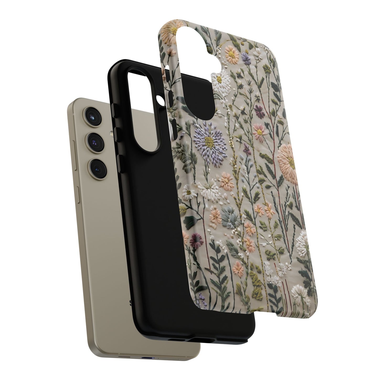 Intricate Embroidery Artwork Featuring Botanical Elements On Beige phone case design.