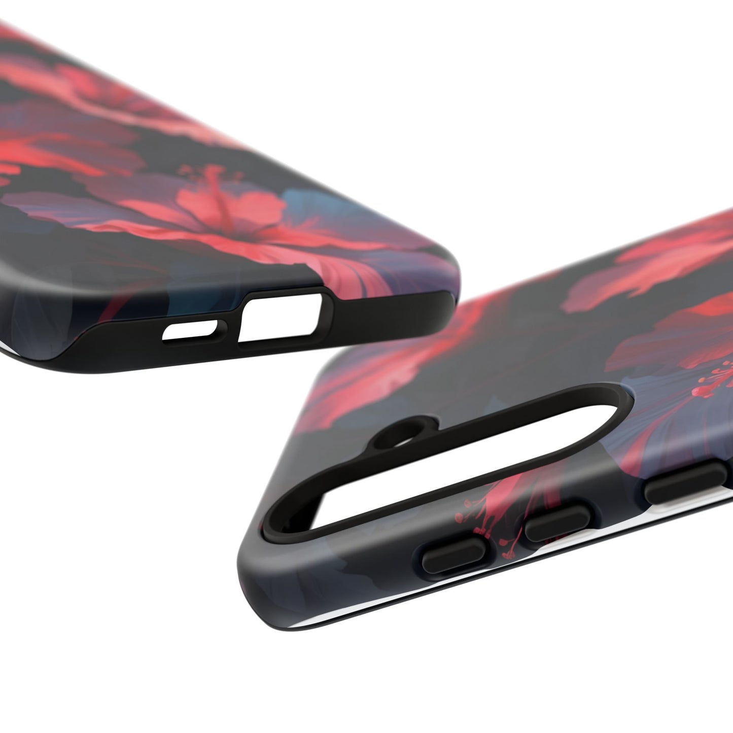 Vibrant red and pink hibiscus flowers blooming against a dark background| Floral phone case design