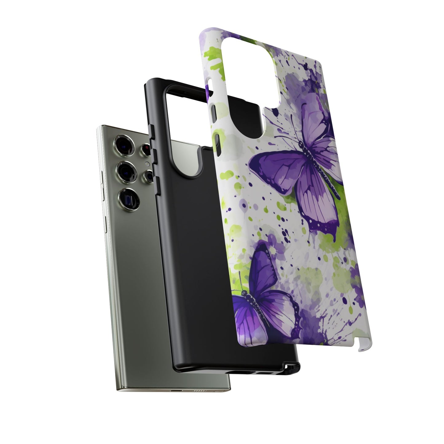 Vibrant Purple Butterfly Splash Mobile Cover – Artistic Green & Violet Aesthetic