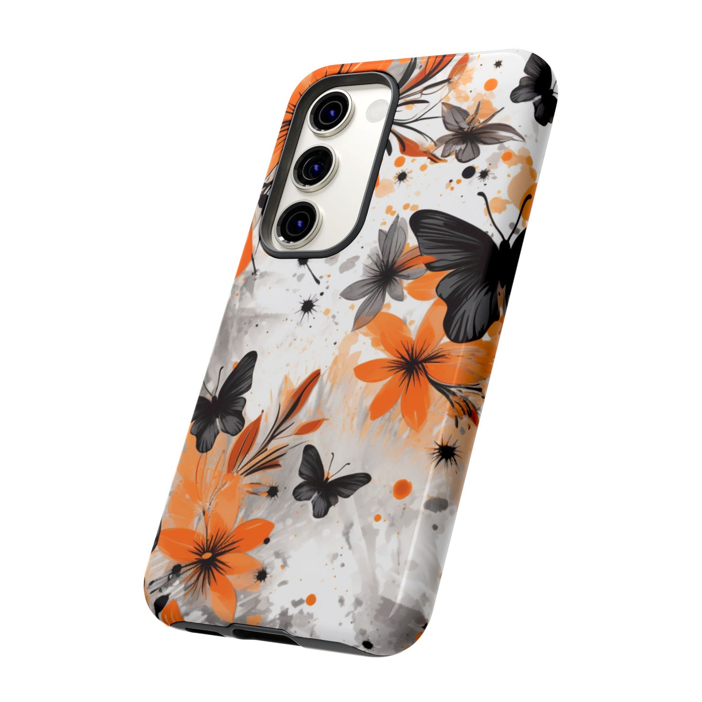 Bold Butterfly & Floral Splash Mobile Cover – Black & Orange Aesthetic