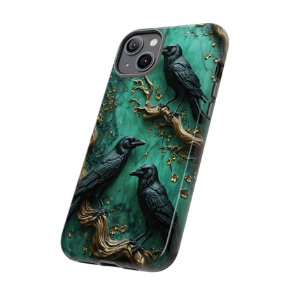 Three Black Ravens Perched On Gold-Accent Branches phone case design