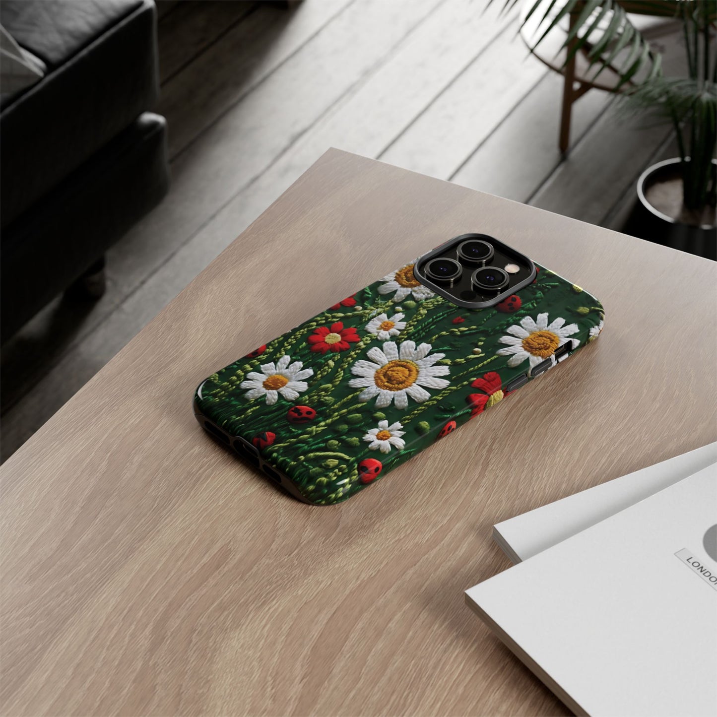 Knitted Pattern With Diamonds And Festive Motifs On Navy phone case design.