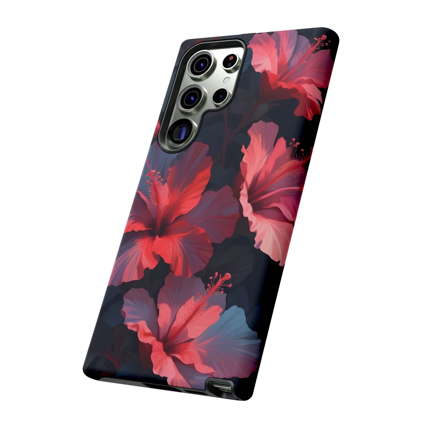Vibrant red and pink hibiscus flowers blooming against a dark background| Floral phone case design