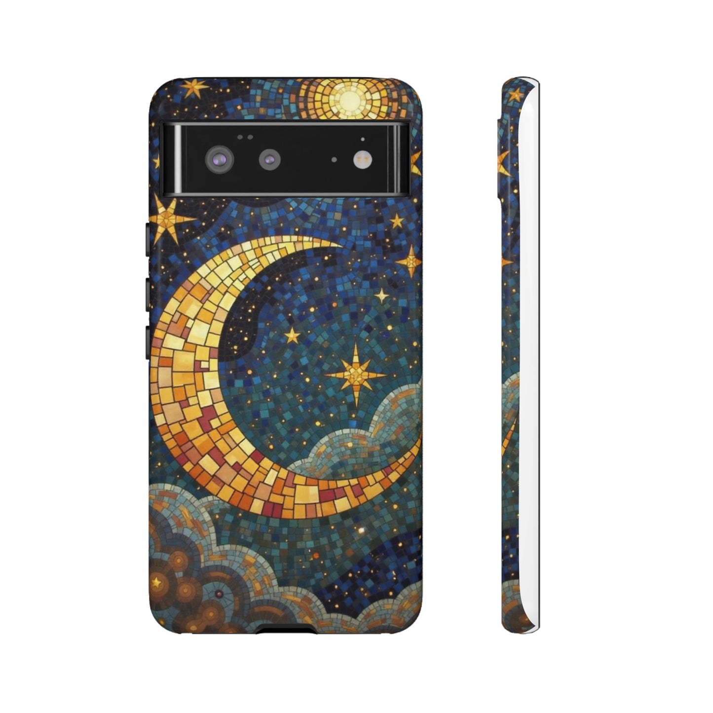 Golden Crescent: Mosaic Moon and Starry Night
