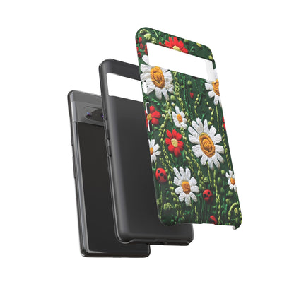 Intricate Embroidered Fabric Featuring Daisies And Ladybugs phone case design