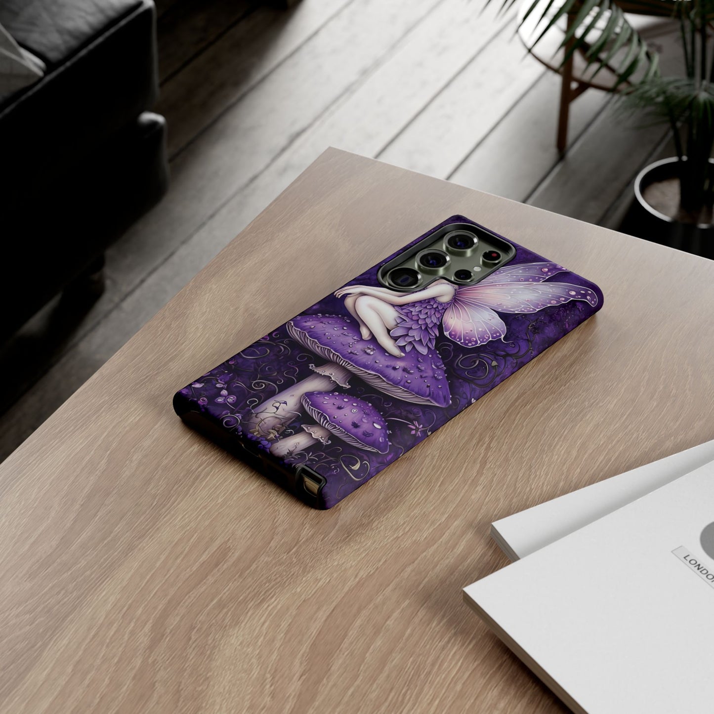 Whimsical Fairy Seated On Purple Mushroom In Enchanting Scene phone case design.