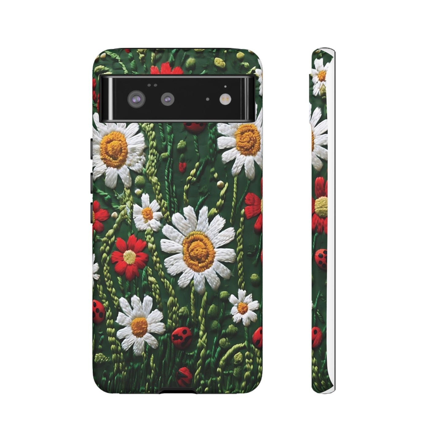 Intricate Embroidered Fabric Featuring Daisies And Ladybugs phone case design