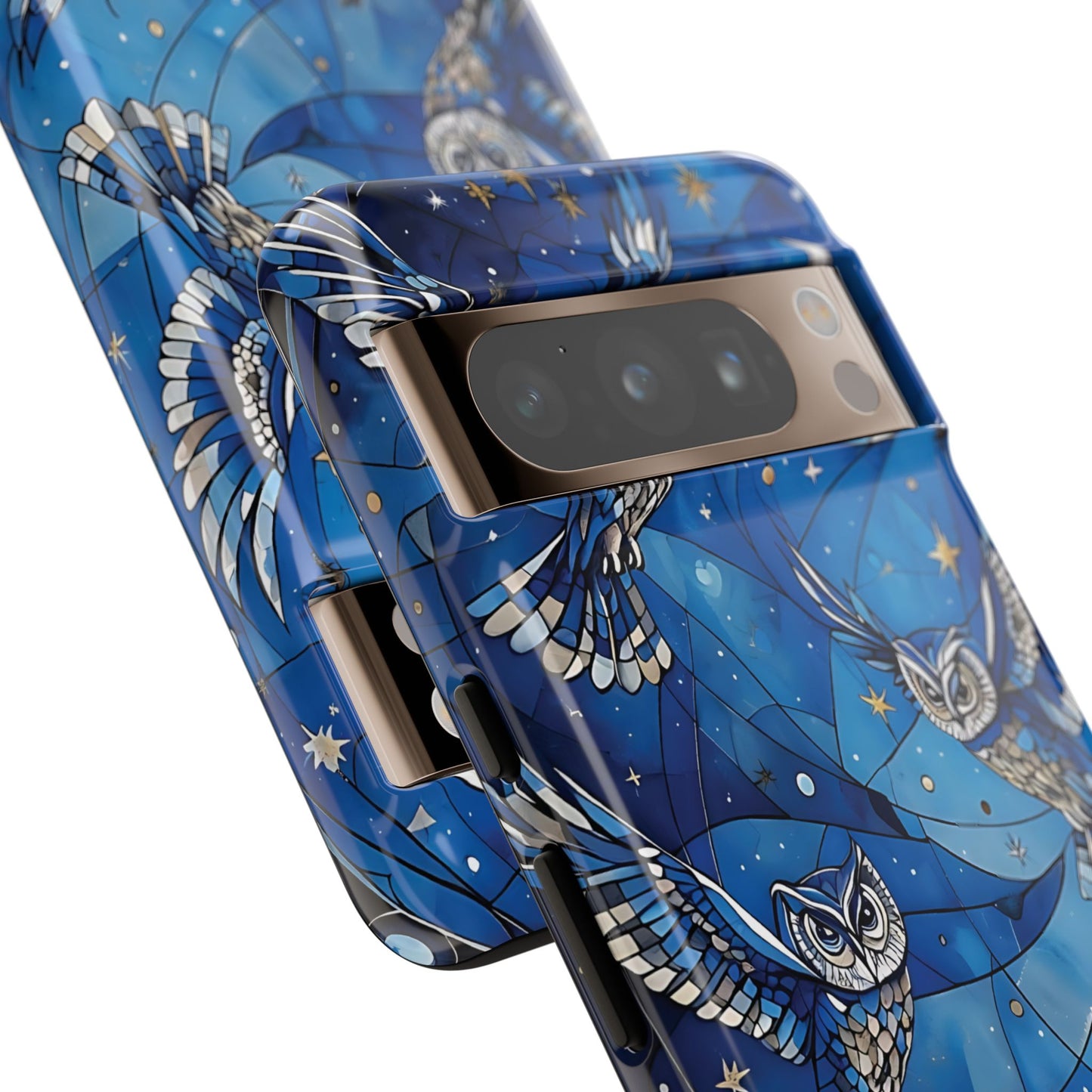 Surrealistic Owls Soaring Through A Celestial Night Sky phone case design.