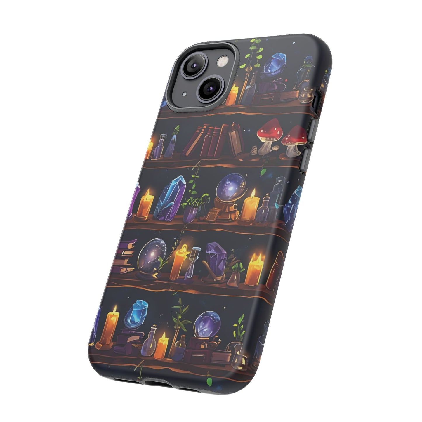 Fantasy Seamless Pattern Of Wooden Shelves Filled With Mystical Items phone case design.