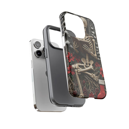 Surreal Relief Sculpture of Skeleton Reading Amidst Festive Decor phone case design