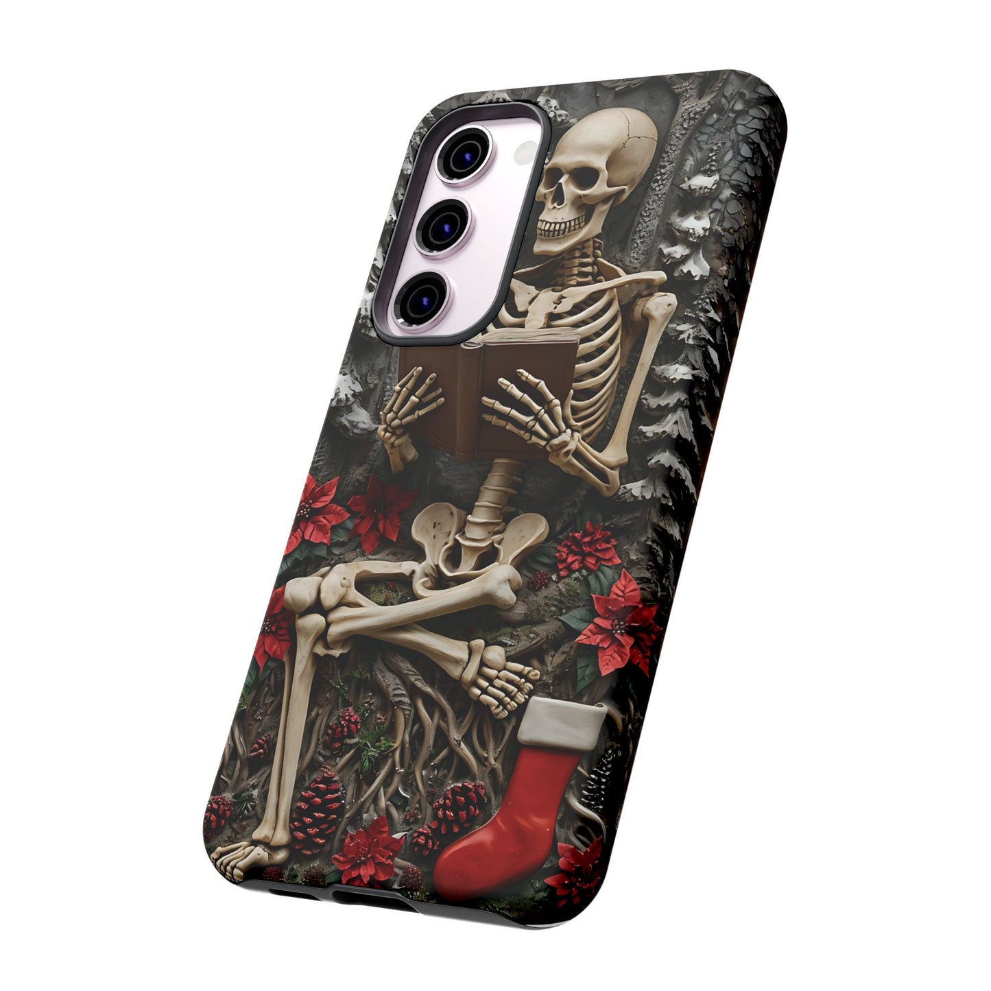 Surreal Relief Sculpture of Skeleton Reading Amidst Festive Decor phone case design