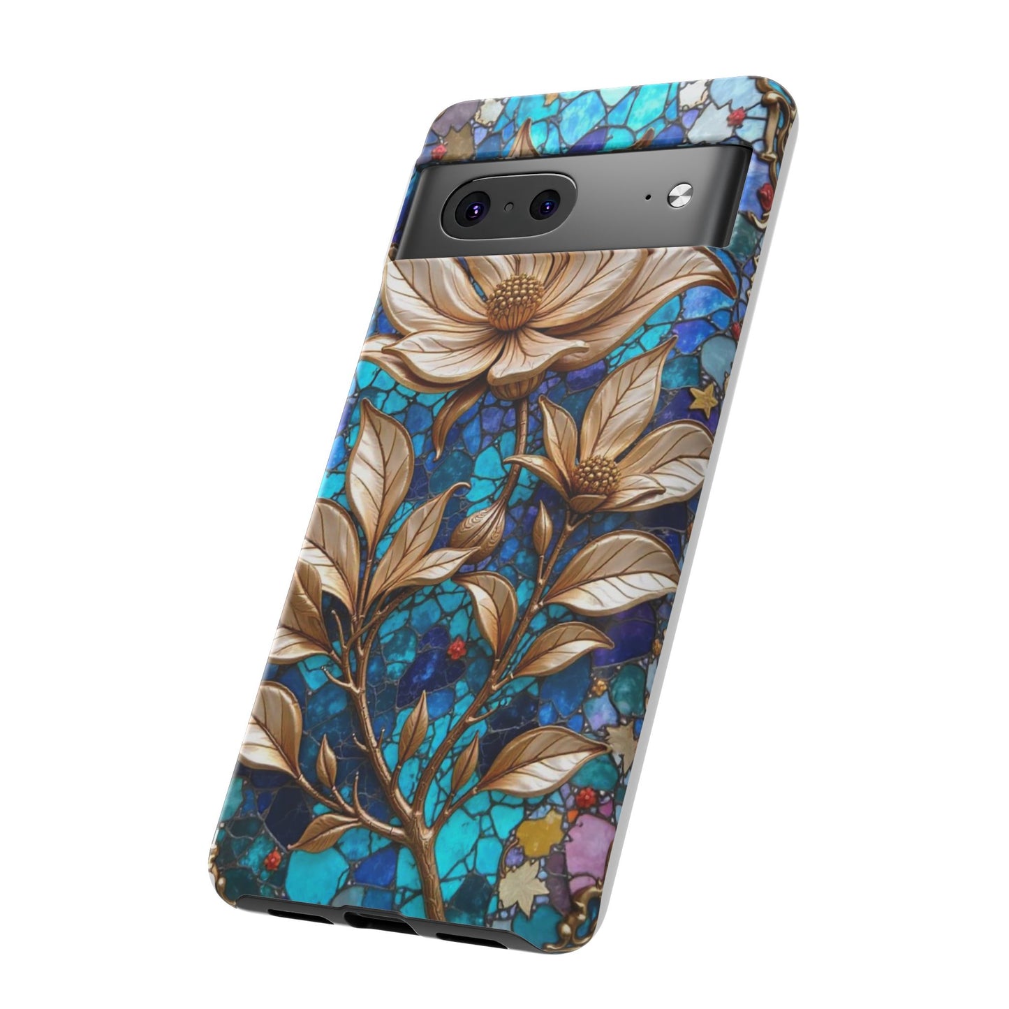 Golden Blossoms on Mosaic Blue Elegance