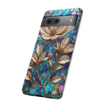 Golden Blossoms on Mosaic Blue Elegance
