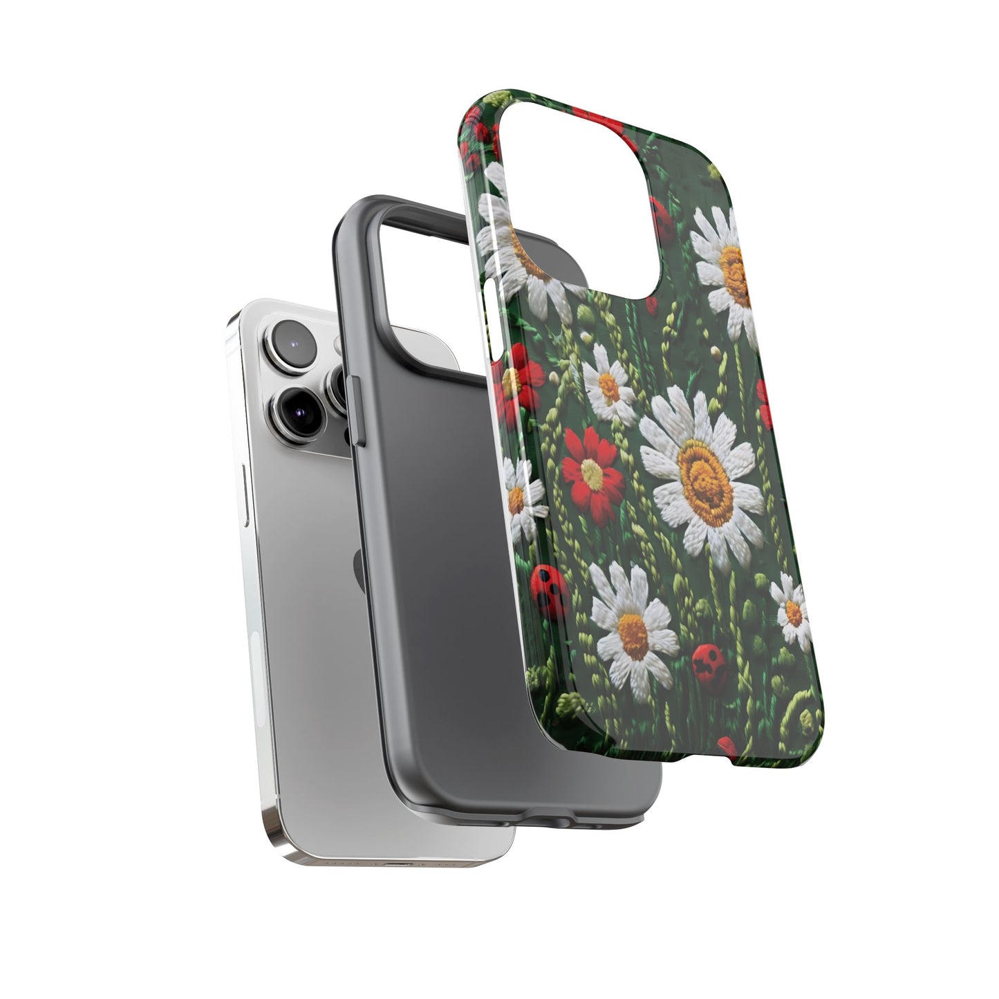 Intricate Embroidered Fabric Featuring Daisies And Ladybugs phone case design
