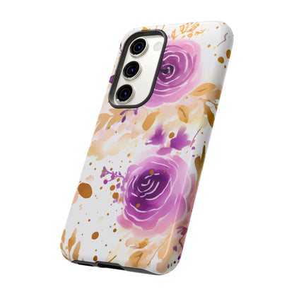 Purple Bloom Watercolor Mobile Case – Artistic Elegance in Gold & Lilac