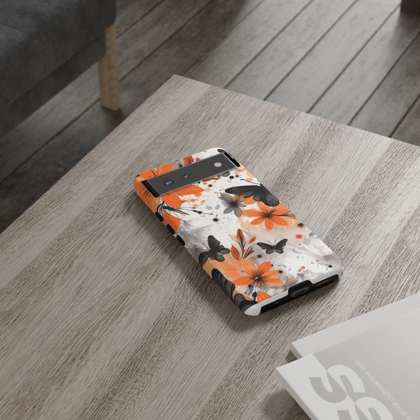 Bold Butterfly & Floral Splash Mobile Cover – Black & Orange Aesthetic