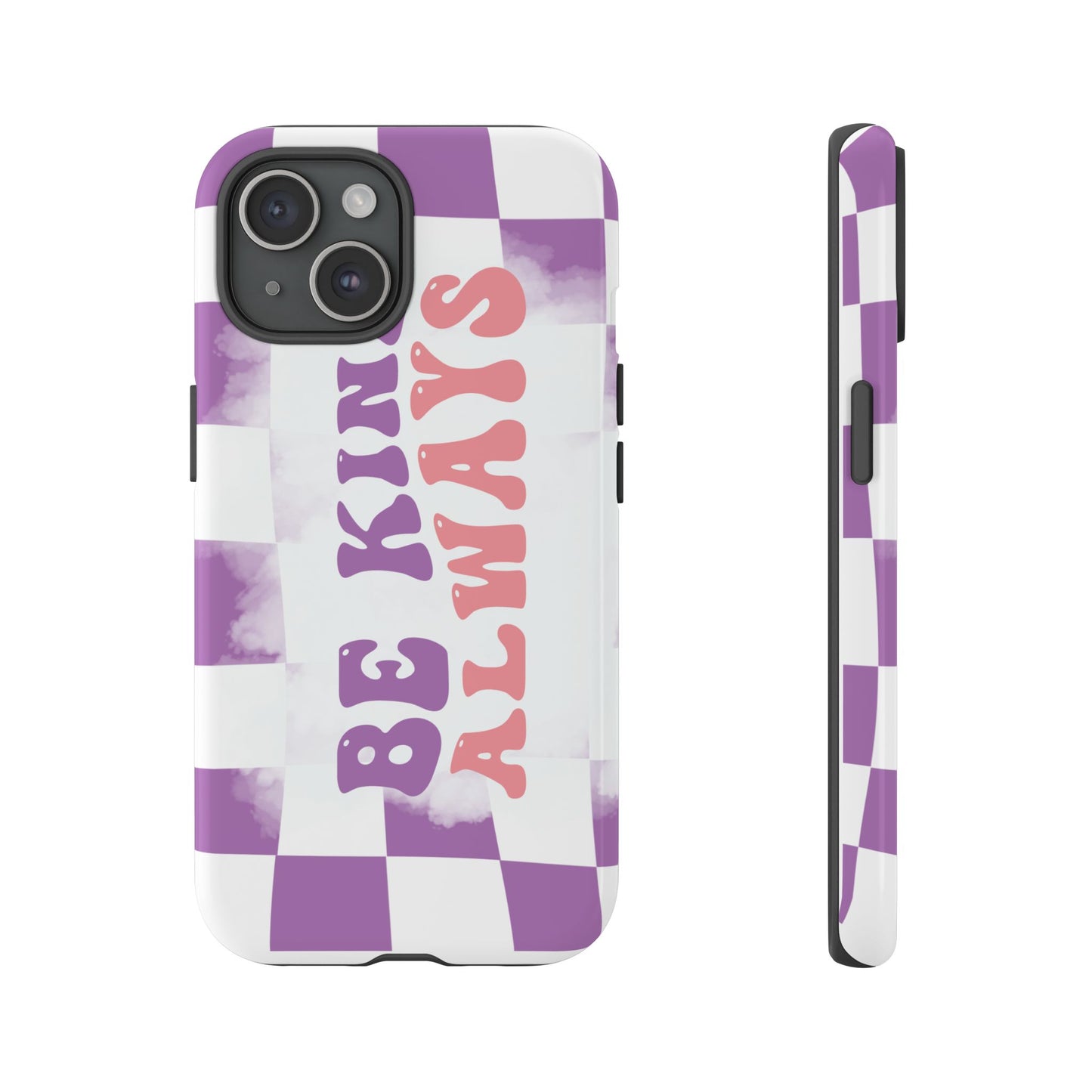 Be Kind Always Phone Case, Motivational Quote Cover for iPhone, Samsung & Google Pixel White Purple Checkered Pattern Phone Cover, Wavy Text Case, Kindness Phone Case, Inspirational Gift