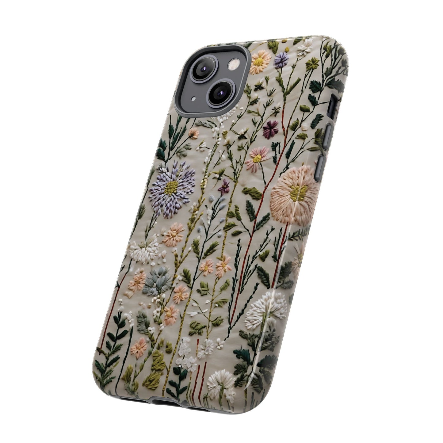 Intricate Embroidery Artwork Featuring Botanical Elements On Beige phone case design.