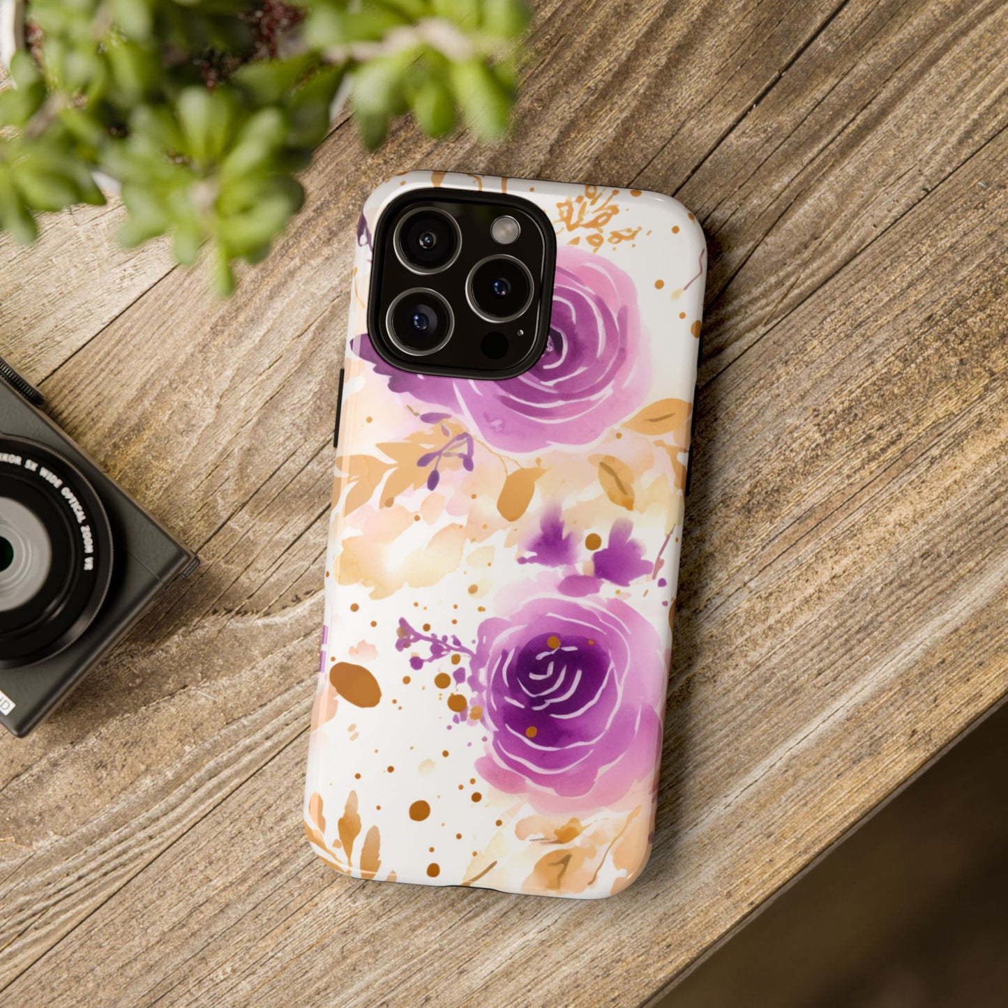 Purple Bloom Watercolor Mobile Case – Artistic Elegance in Gold & Lilac