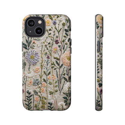 Intricate Embroidery Artwork Featuring Botanical Elements On Beige phone case design.