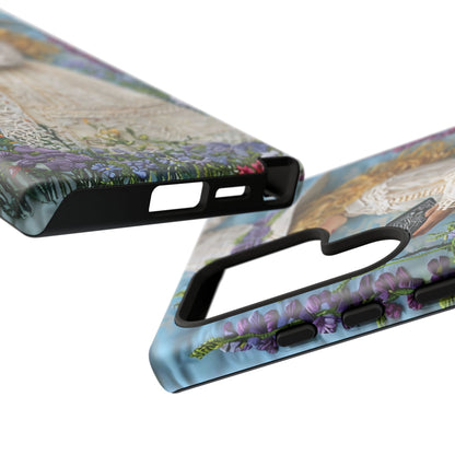 Whimsical Embroidery Of A Girl Reading In A Garden phone case design.